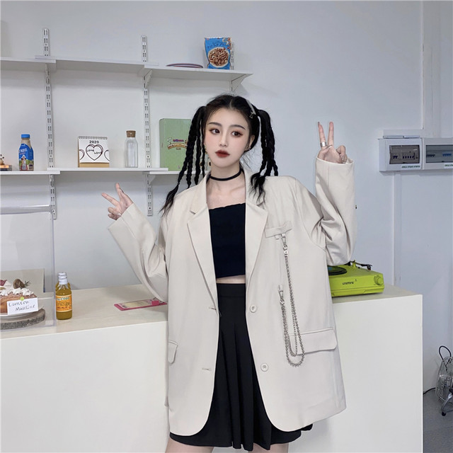 レディース アウター 春秋 アウター レディース スーツ ジャケット ビッグシルエット オーバーサイズ チェーン付き シンプル カジュアル おしゃれ メンズライク お出かけ デート 通勤 通学 キャンパス 旅行 普段着 ブラック アプリコット Hf Haru Foo