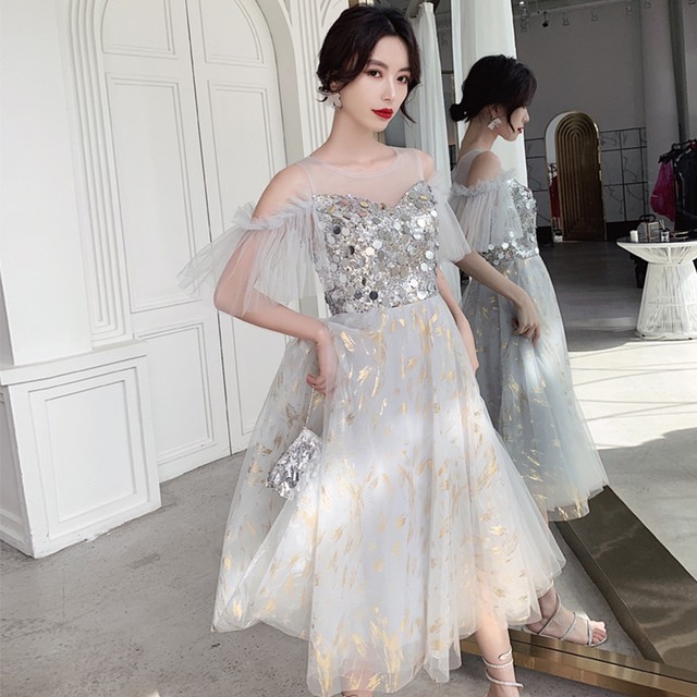 Imoshop パーティードレス ドレス ワンピース シルバーグレーラインレディースoネック エレガント Aライン 銀 結婚式二次会 パーティー お呼ばれ 同窓会 謝恩会 代 30代 Partydress 結婚式 二次会 お呼ばれ 同窓会 パーティードレス専門 Imoshop