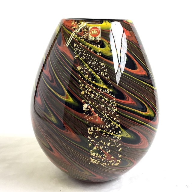 Art Glass 岩津ガラス ハンドメイドガラス 金箔 花瓶 花器 高さ約24cm インテリア 雑貨 風雅 Fuga