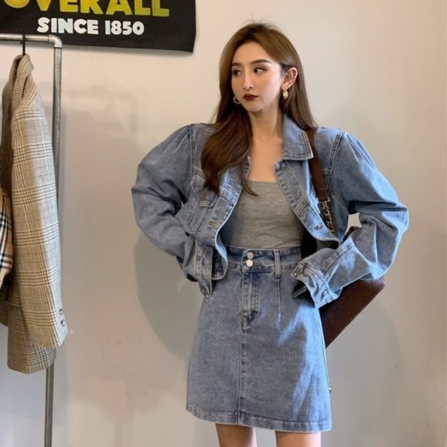 デニム セットアップ レディース 韓国 ファッション デニム 上下セット デニムジャケット デニムスカート 韓国セットアップ Vestito