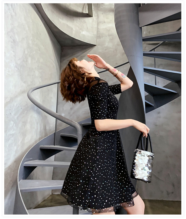 水玉 ドット 胸元シースルー スタンドネック 韓国 パーティードレス オルチャン ドレス 結婚式 お呼ばれ ドレス フォーマル ドレス パーティー ドレス 代 30代 40代 C124 Ayaland Dress 韓国 オルチャン ドレスショップ
