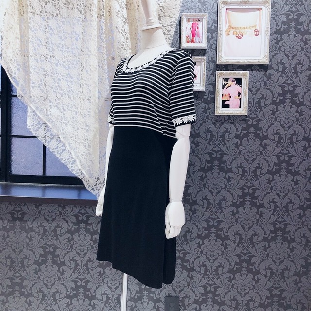 ヴィンテージワンピース 日本製フラワーモチーフボーダーコンサバワンピース Jvintage ジェイヴィンテージ