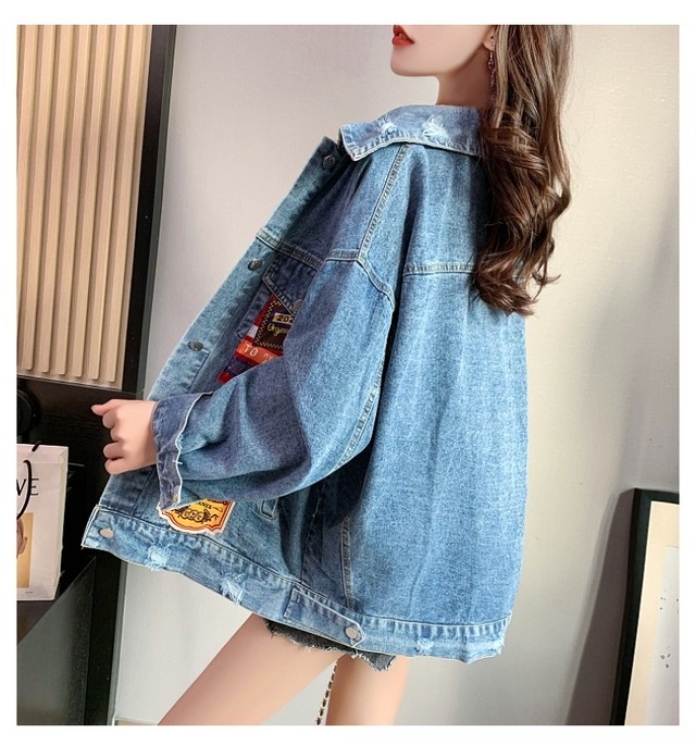 Outer おすすめカジュアル刺繍切り替え折り襟デニムジャケット2色超人気 Nanastyle