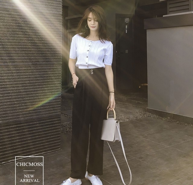 Z 016 パンツ ストレートパンツ ワイドパンツ ハイウエスト ロング ボタン シンプル 無地 ストレート 白 黒 レディース 春夏 K M Base