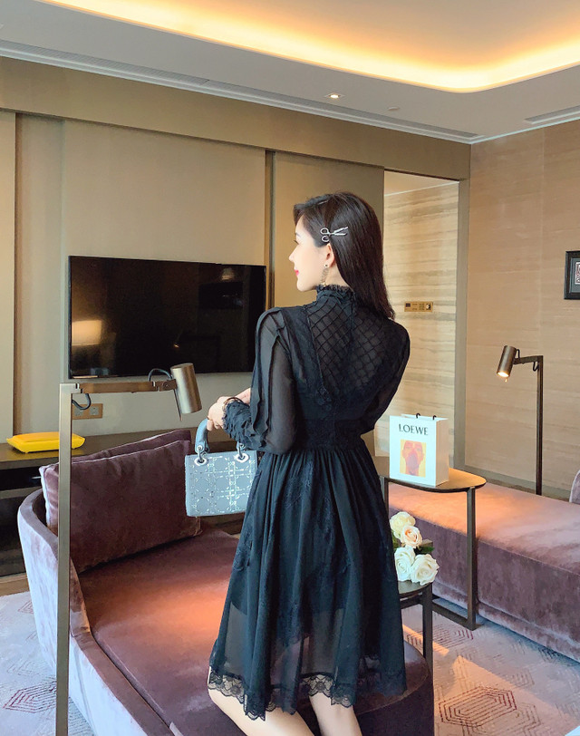 シアーaラインワンピース 長袖 姫 フェミニン スカート ハイネック 膝丈 ボタン 白 黒 ゴシックドレス Select Shop Skry スクリー