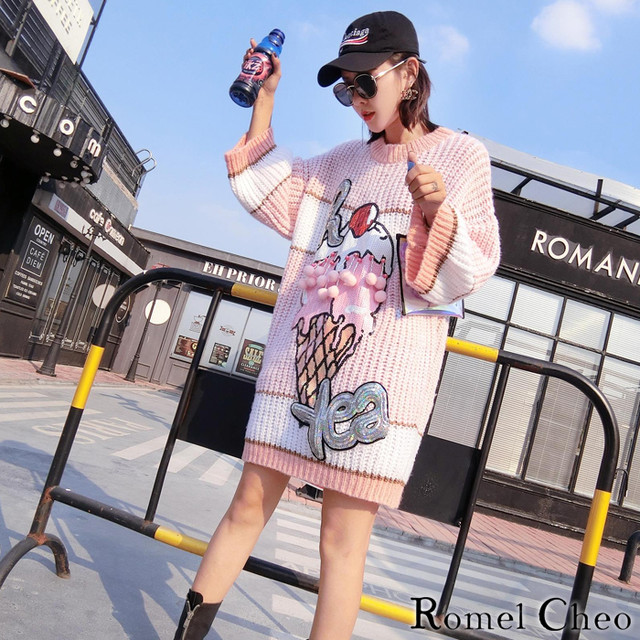 Romelcheo アイスクリーム柄 ニット ロング ワンピース ニットワンピ ボーダー ミニワンピース レディース ピンク キラキラ 立体デコ 個性的 原宿系 ゆめかわ カジュアル ストリート系 ファッション ざっくり ロメルチェオ Romelcheo