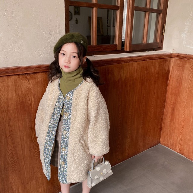 女の子 ボア 花柄 ジャケット ロング アウター 秋 冬 可愛い 90 140cm Dyh海外子供用品