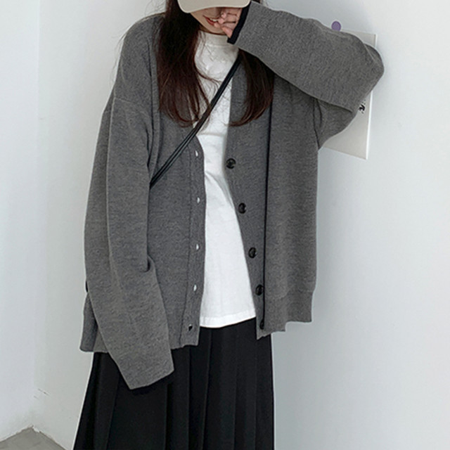 ニットカーディガン レディース ゆったり 長袖 ニット アウター V ネック 黒 無地 シンプル おしゃれ デザイン 秋冬 コーデ Infini Arc En Ciel