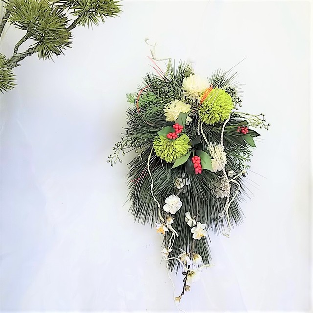 お正月 スワッグ ピンポンマム ライトグリーン アーティフィシャルフラワー 君思い 花は微笑む