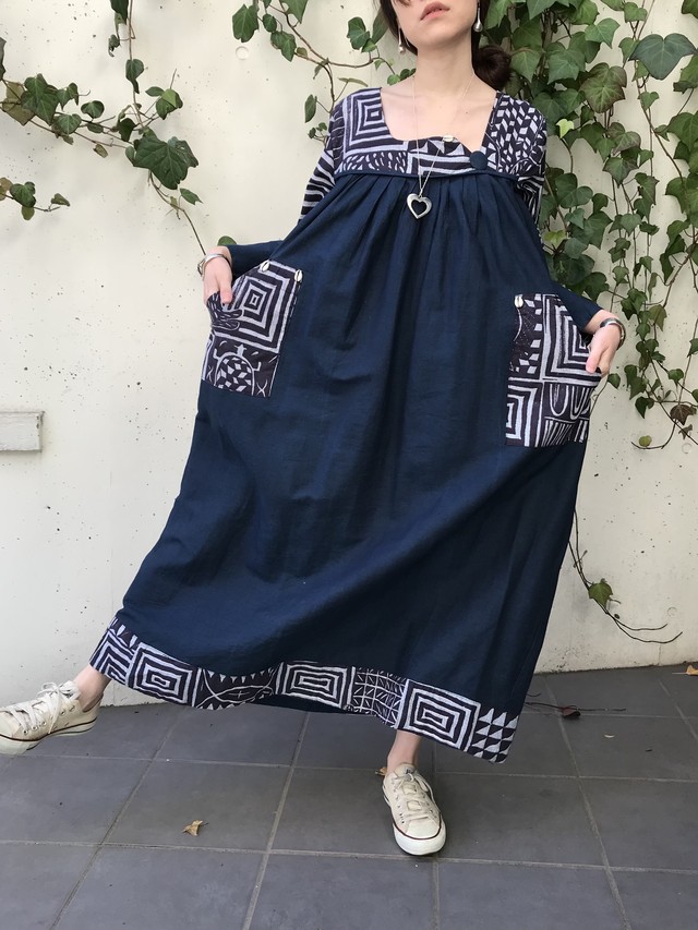 Vintage African Navv Shell Dress ヴィンテージ アフリカン ネイビー シェル ワンピース Riyad Vintage Shop