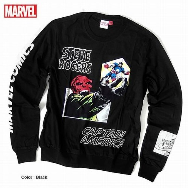 長袖 Tシャツ カットソー トップス メンズファッション 注目度抜群 Marvel マーベルコミックス 人気ヒーロー キャプテンアメリカ プリントロンt 袖プリント カッコいい ストリート系 ダンス衣装 長袖tシャツ ビンテージ感 オールドテイスト アメコミプリント 渋い