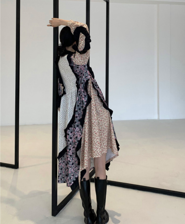 Top Mode ワンピース 小花柄 透け感 カラフル アシンメトリー 個性的 Sweet ヴィジュアル系 ライブ 舞台 ゴシック ステージ 衣装 体型カバー 個性派 春物 カジュアル 普段使い ふんわり 春 秋 Lon248 Top Mode