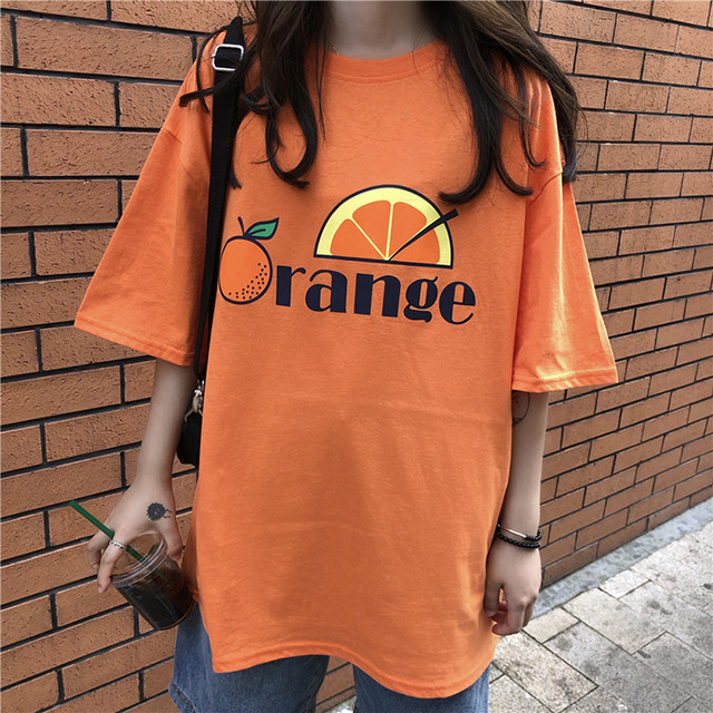 オレンジ Tシャツ プリント 半袖 ワンポイント キャラクター 10 代向け 韓国オルチャンファッションyoung Ol Chan