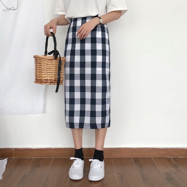 タイトスカート 大柄ギンガムチェック ひざ丈 ハイウエスト レディース ボトムス 人気 トレンド 18春夏 8line Mart