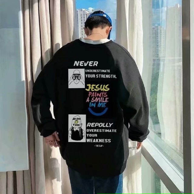 トレーナー ロンt Never Jesus ネバー ジーザス 韓国ファッション ヒップホップ Hip Hop 韓国 オルチャン 韓流 ゴシック ゴスロリ V系 ヴィジュアル系 ロリータ ゴス ダーク系 K Pop 韓流 韓国 Korean ビックシルエット ユニセックス Aio Online Store