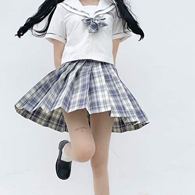 Jpcs Jk制服 女子高生 セーラー服 スクール コスプレ 学生服 仮装 本格制服 コスチューム 学園風 学園祭 文化祭 かわいい 半袖 プリーツスカート リボン付き 3点セット チェック柄 グレー L Az Japan Classic Store