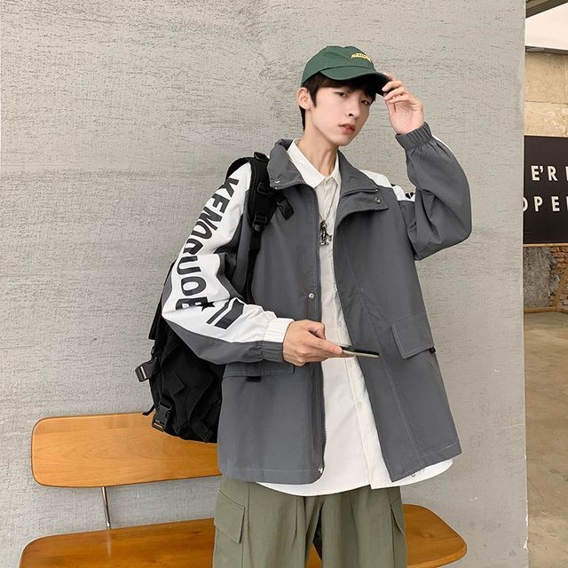 予約販売 ジャケット ブルゾン 袖ロゴ 春 アウター メンズ ブラック グレー カジュアル こなれ感 お洒落 韓国トレンド 春 秋 S M L Xl 2xl Favoriteselect