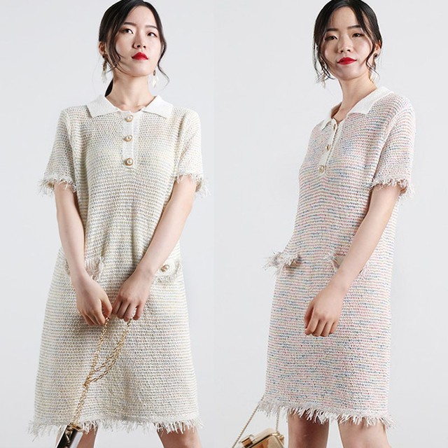 ワンピース レディース ニットワンピース 楽チンワンピース 半袖 ショート ミニ ゆったりウエスト フリンジ フェミニン 編み物 Happy Toon