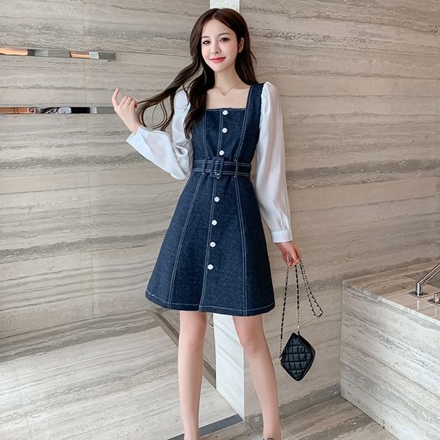 レディース ワンピース 秋冬 長袖 スクエアネックデニムワンピース Aライン フロントボタン ウエストマーク ひざ丈 デニム パフスリーブ 袖コンシャス フェミニン きれいめカジュアル カジュアル 秋 冬 ネイビー ブラック S Xlサイズ Ukiukionepicec