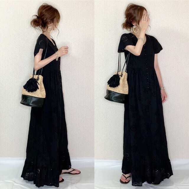 ワンピース ロング丈 半袖 ｖネック 花柄 総レース パンチングレース シンプル 大人可愛い カジュアル お出かけ 通勤 オフィス デート 普段着 夏 黒 Evergreen