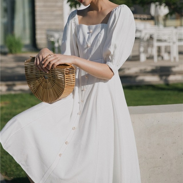 ブッファンスリーブ ミモレ丈 ワンピース レディース ひざ丈ワンピース 白 夏服 バルーンスリーブ 甘め スクエアネック きれいめ Rx0321 Raxia ラクシア