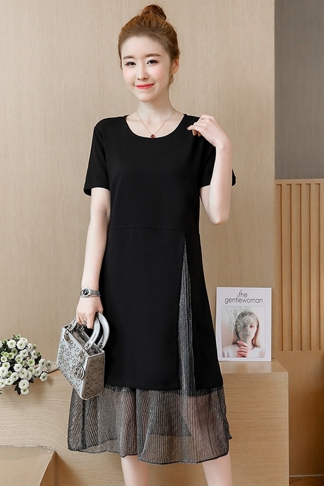 大きいサイズ レディース ワンピース 膝丈 ワンピース シースルーワンピース ラウンドネック 春夏 シンプル 透ける 半袖 袖あり お出かけ 黒 Gratias