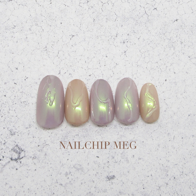 ニュアンスネイルチップ 夏 オーロラ パープル 紫 ベージュ 個性派 クリア ぷっくり 前撮り Aurora Veil Clear Art Nail 45 Nailchip Meg