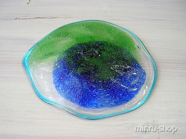 琉球ガラス お皿 夏色のおしゃれなお皿 中 青緑泡 口巻 １ 琉球ガラス販売 みんるー商店 Minrustores