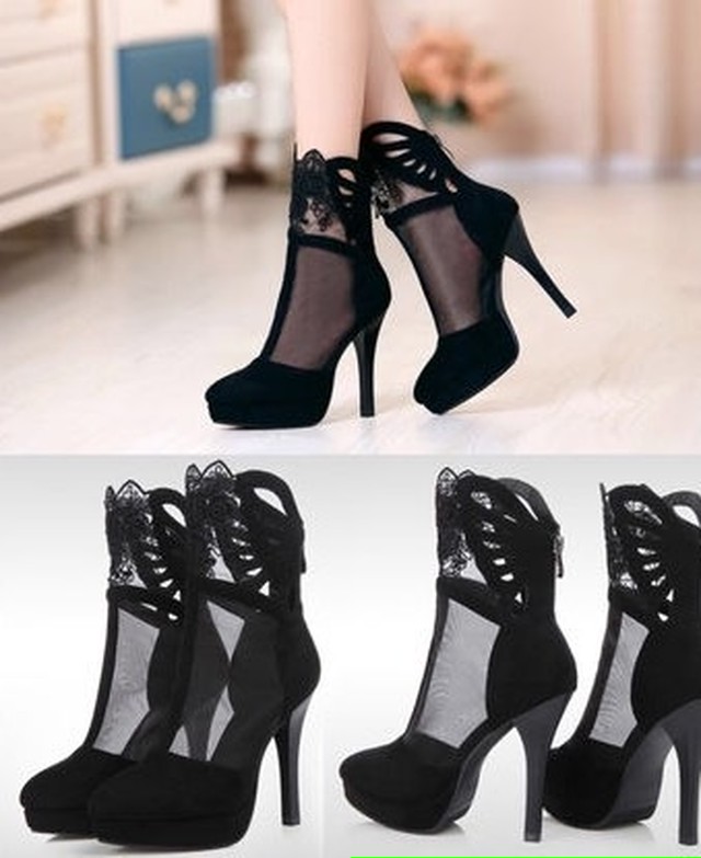 シースルー レース 切替 ピンヒール ショートブーツ Nikkihouse