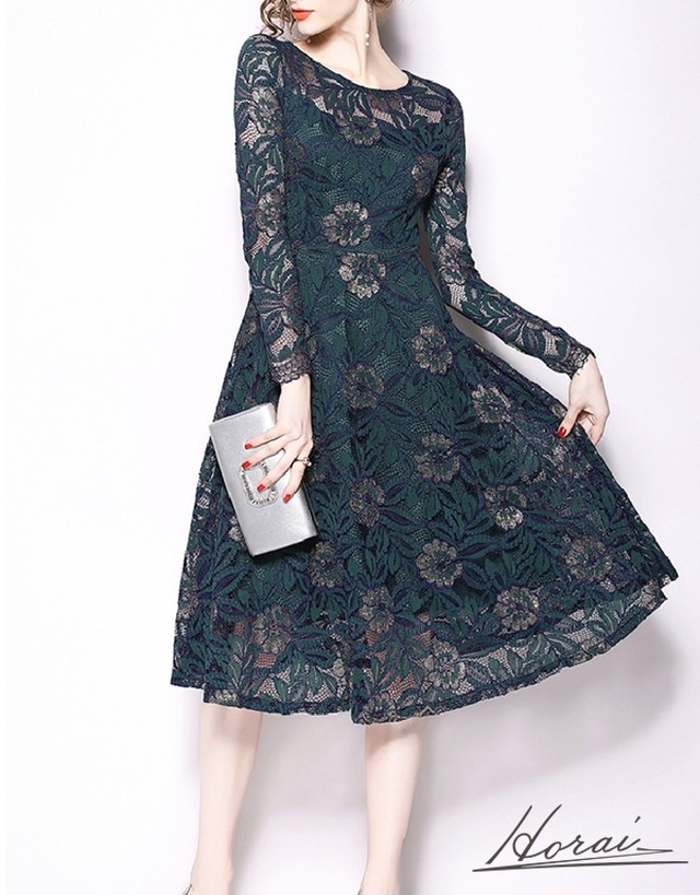 ドレス 長袖 レギュラー丈 レース 花柄 刺繍 ワンピース ワンピドレス お呼ばれ 結婚式 二次会 パーティー お取り寄せ Horai