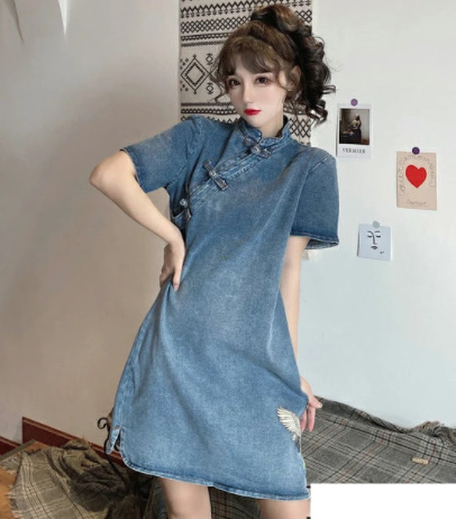 Top Mode ワンピース 春ワンピ 鶴刺繍デニムチャイナワンピ チャイナドレス チャイナボタン ワンピース カジュアル デニムワンピ デニムシャツ Aライン 半袖 膝上丈 アジアン エスニック 民族風 原宿系 レトロ ラフ ゆったり お呼ばれ ブルー 青 ニッチ Bitter 映え
