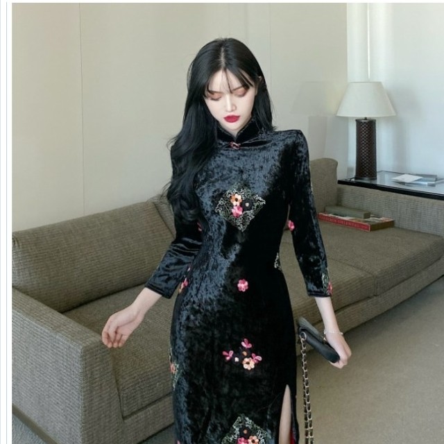 レディース 大きいサイズ 服 ロング丈チャイナドレス スエード チャイナ風ワンピース 大きいサイズ S M L 3l 民国風 チャイナ風服 ブラッ Basecamp49