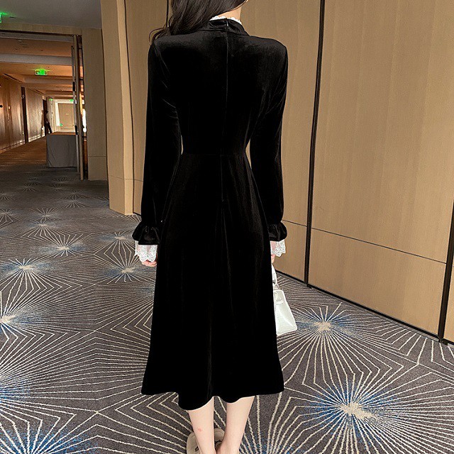 ロングワンピース シンプル 無地 チャイナドレス ベロア ベルベット バックジッパー 大きいサイズ 送料無料 レトロ 裾レース パフスリーブ 大人 パーティー Ys04 Fashion Mille