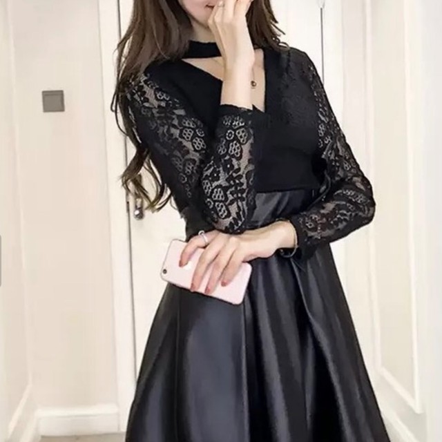 チョーカー風 レザーmixレース ワンピース 量産型 Princesshyatt 量産型地雷系原宿系パンクストリートブラック韓国系厚底リュック