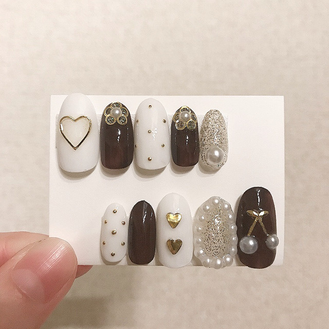 ブラウン ホワイトネイル プチプラ ネイルチップ Honey Nail