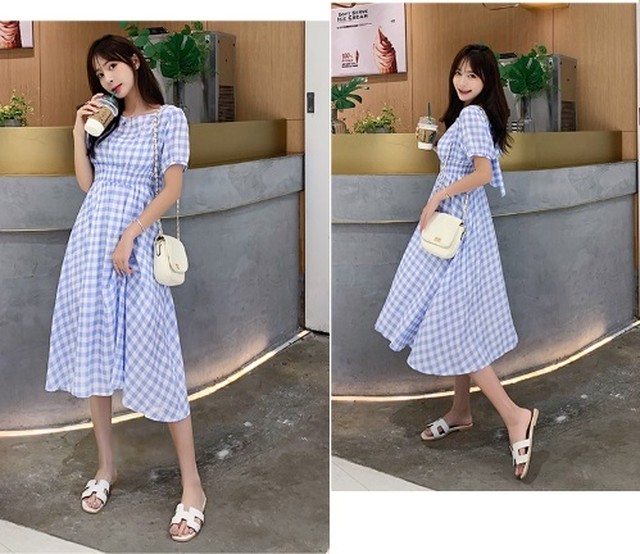 ギンガムチェック柄 バックリボン ミモレ丈ワンピース パフスリーブ 背中あき 背中見せ 膝下ワンピース レディース 韓国 オルチャン ファッション 夏服 レディース 夏新作ワンピース 韓国 風 レディース ファッション カジュアル 大人可愛い 半袖 Aライン フレア デート