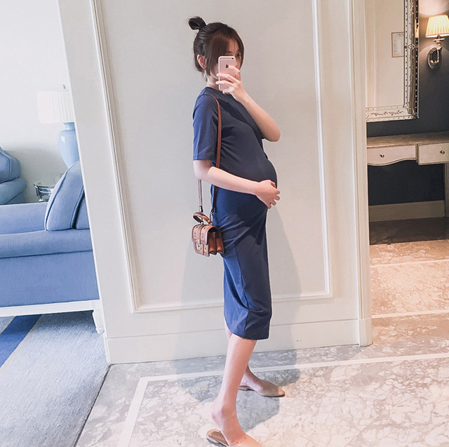 マタニティーシンプルドレス 半袖 ラウンドネック 上品 結婚式 二次会 パーティー マタニティードレス専門店 Ninpuku