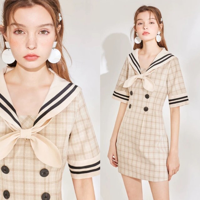 セーラー ワンピース マリン リボン チェック 海 デカ襟 タイト シンプル カーキ ベージュ Loveysmileshop