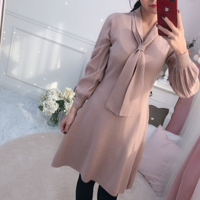 ワンピース ニット リボンタイ パフ袖 プリーツ Aライン 膝丈 ミディアム 長袖 レディース 大人可愛い K121 Nary ゴルフウェア セットアップ ワンピース 韓国ファッション通販