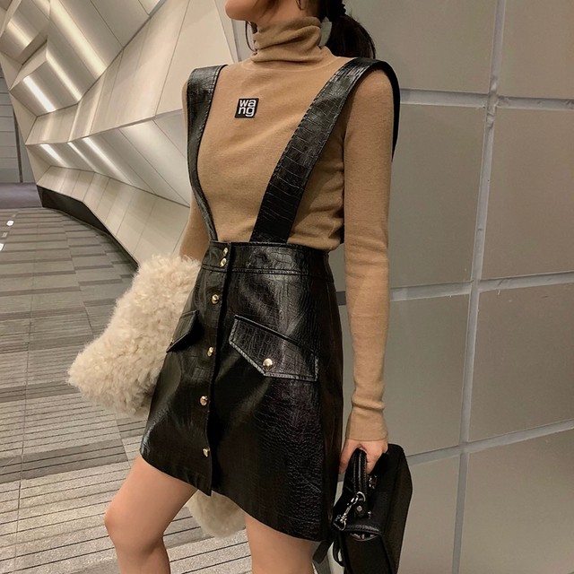a-line leather overall skirt