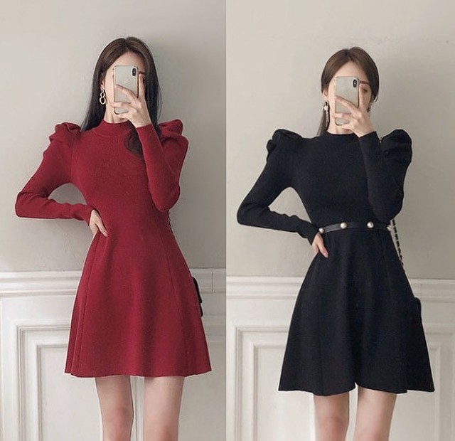 2color パフスリーブがレトロかわいい フレアミニワンピ Loner Select 韓国ファッション 海外ファッション セクシーコーデ ギャル服