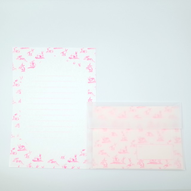 オリジナル レターセット 便箋12枚 封筒3枚 うさぎ柄 蛍光ピンク 本と印刷 石引パブリック