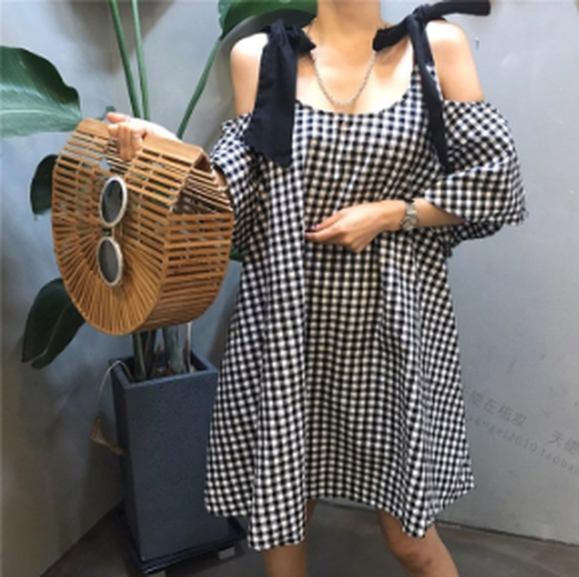 ギンガムチェック ワンピース レディース お出かけ ガーリー ミニ丈 ブラック 黒 フレア 肩リボン 肩出し 春夏 代 Aライン Rightsight