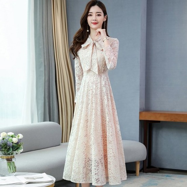 お呼ばれ ドレス 結婚式 総レース パーティドレス 袖あり ロング ボウタイワンピース レディース 春 上品 オフィス きれいめ 長袖 リボン 通勤 大人 リーフ柄 ミモレ丈 Af4769 Raxia ラクシア