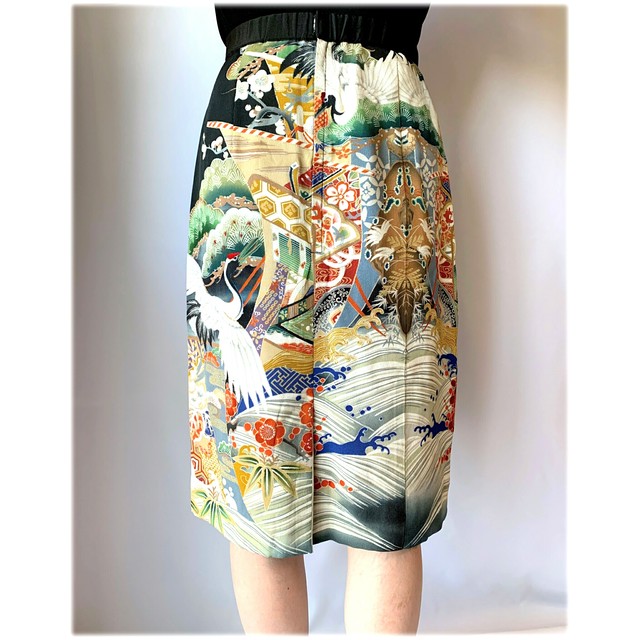 黒留め袖タイトスカート 鶴 着物リメイク ２営業日以内発送 国内送料無料 1908s11 椿屋 Kimono Dress