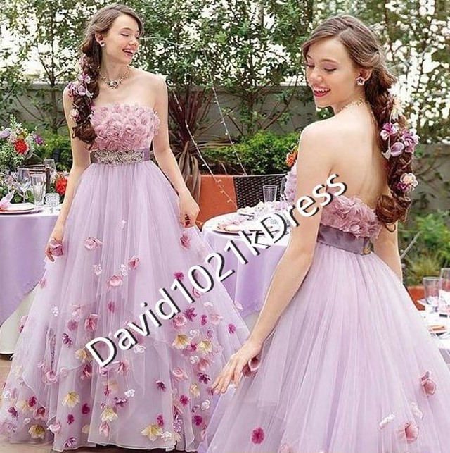 パープル 紫カラードレス 花びら付き ベアトップ 花嫁 結婚式 Ynswedding23