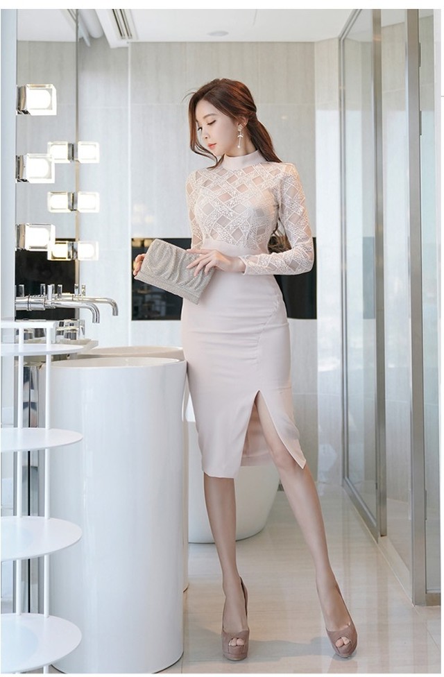 ドレス ワンピース チェック柄 レース ボトルネック シースルー 透け感 スリム ペンシルスカート ハイウエスト セクシー ボトルネック 長袖 結婚式 披露宴 二次会 パーティー デート Dressarroser