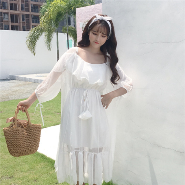 夏 女性服 新しいデザイン 韓国風 フリル 肩なし 中長スタイル スリング ワンピース Mercy