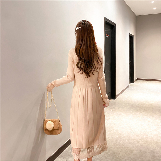 ニットワンピース 秋 冬 エレガント きれいめ 30代 40代 50代 モックネック 長袖 ミモレ丈 レース付き 飾りボタン リブニット プリーツ 切替 無地 ガーリー 大人かわいい オシャレ デート お出かけ お呼ばれ Rb A10 0053 Redbell