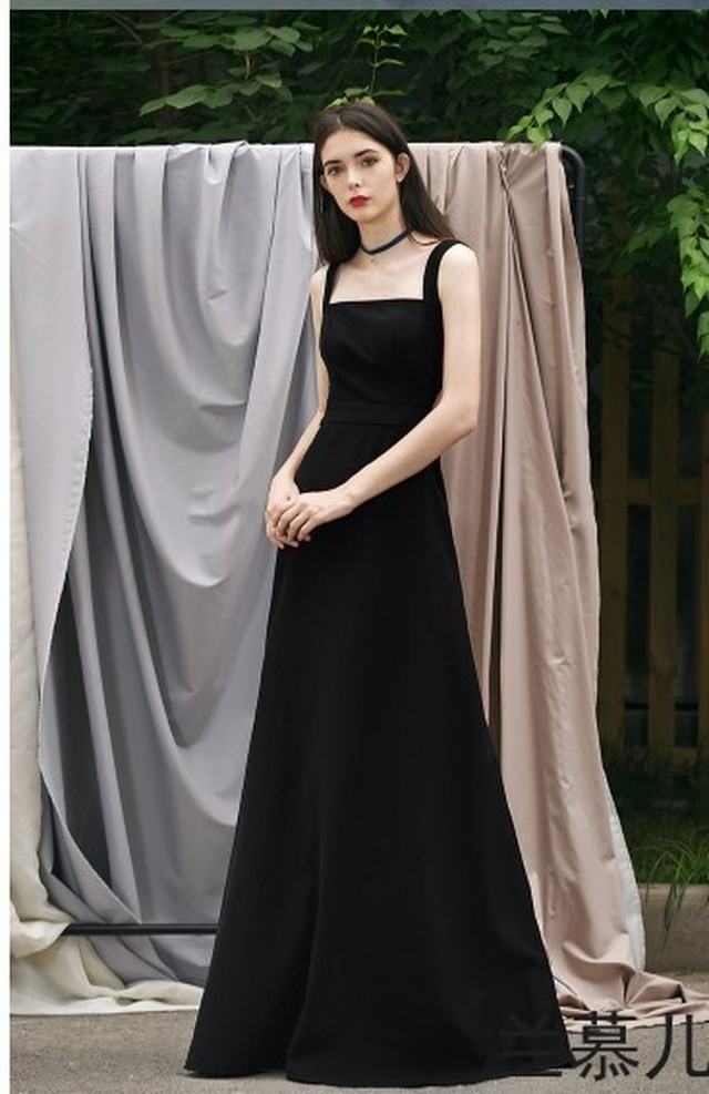 エレガント イブニングドレス 黒 キャミソール スレンダーライン Ynswedding23